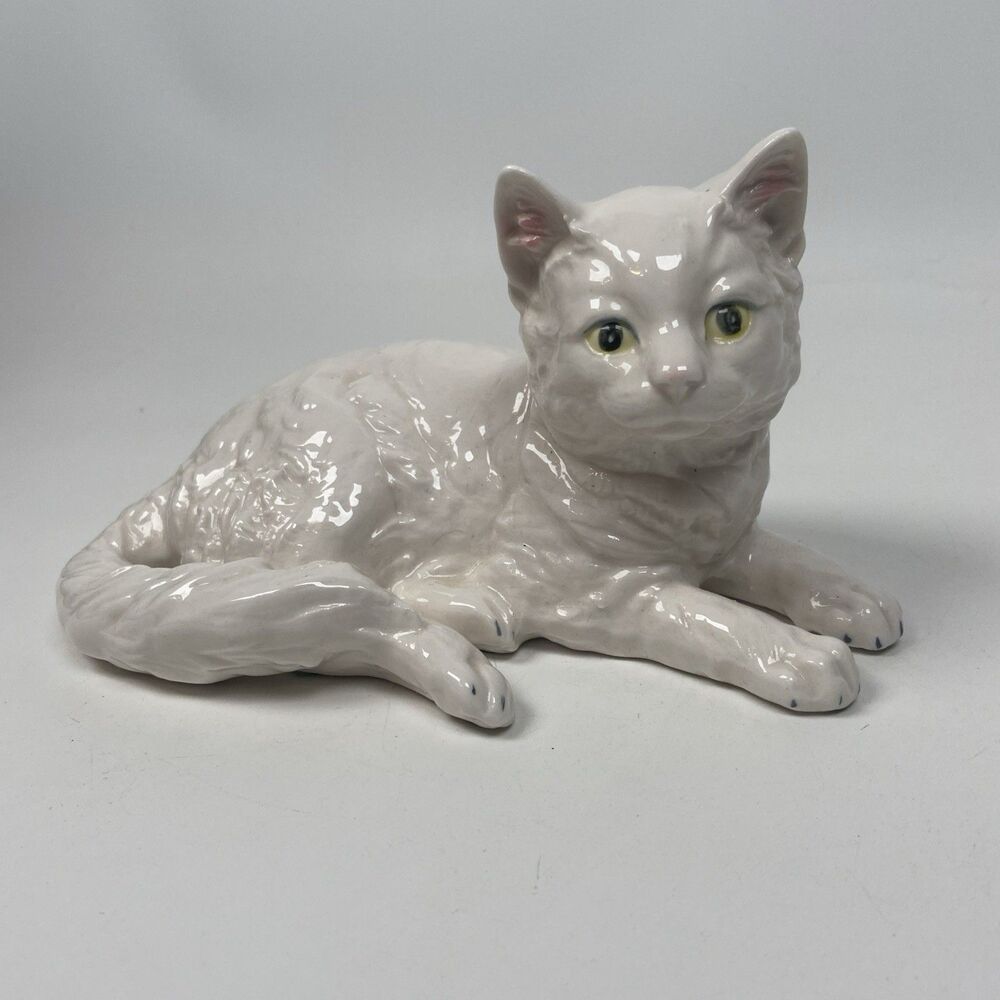 Vintage White Persian Ceramic Cat Figurine with Green Eyes
